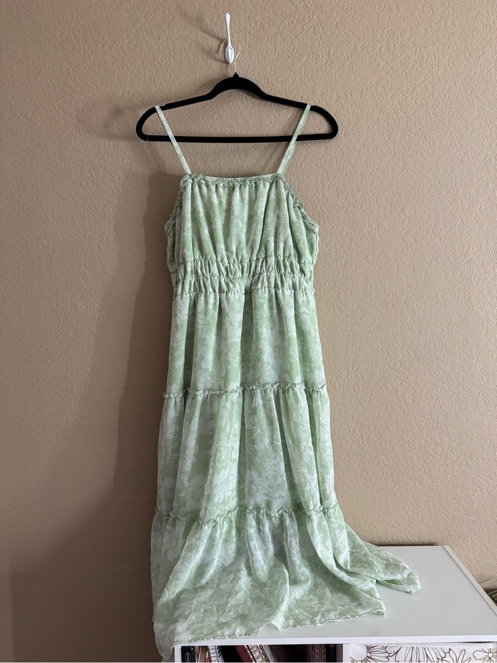 Light Green Floral Tiered Maxi Dress with Spaghetti Straps